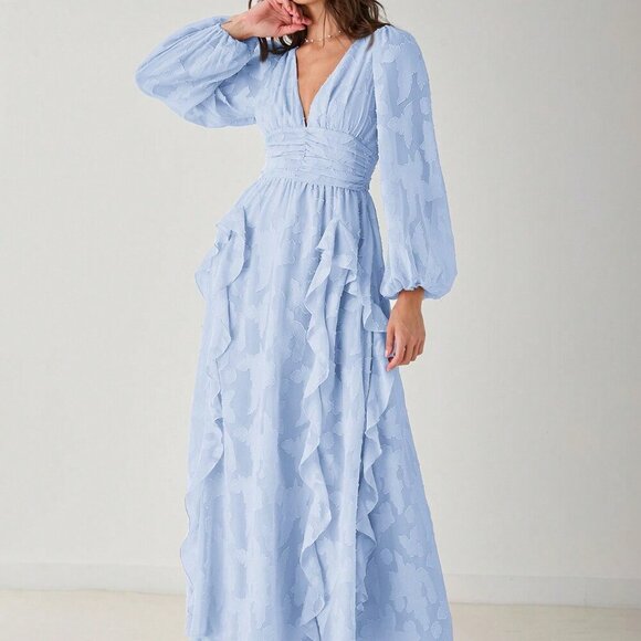 Baby Blue Elegant Women's Romantic Floral V-Neck Long Sleeve Maxi Dress - Picture 7 of 8